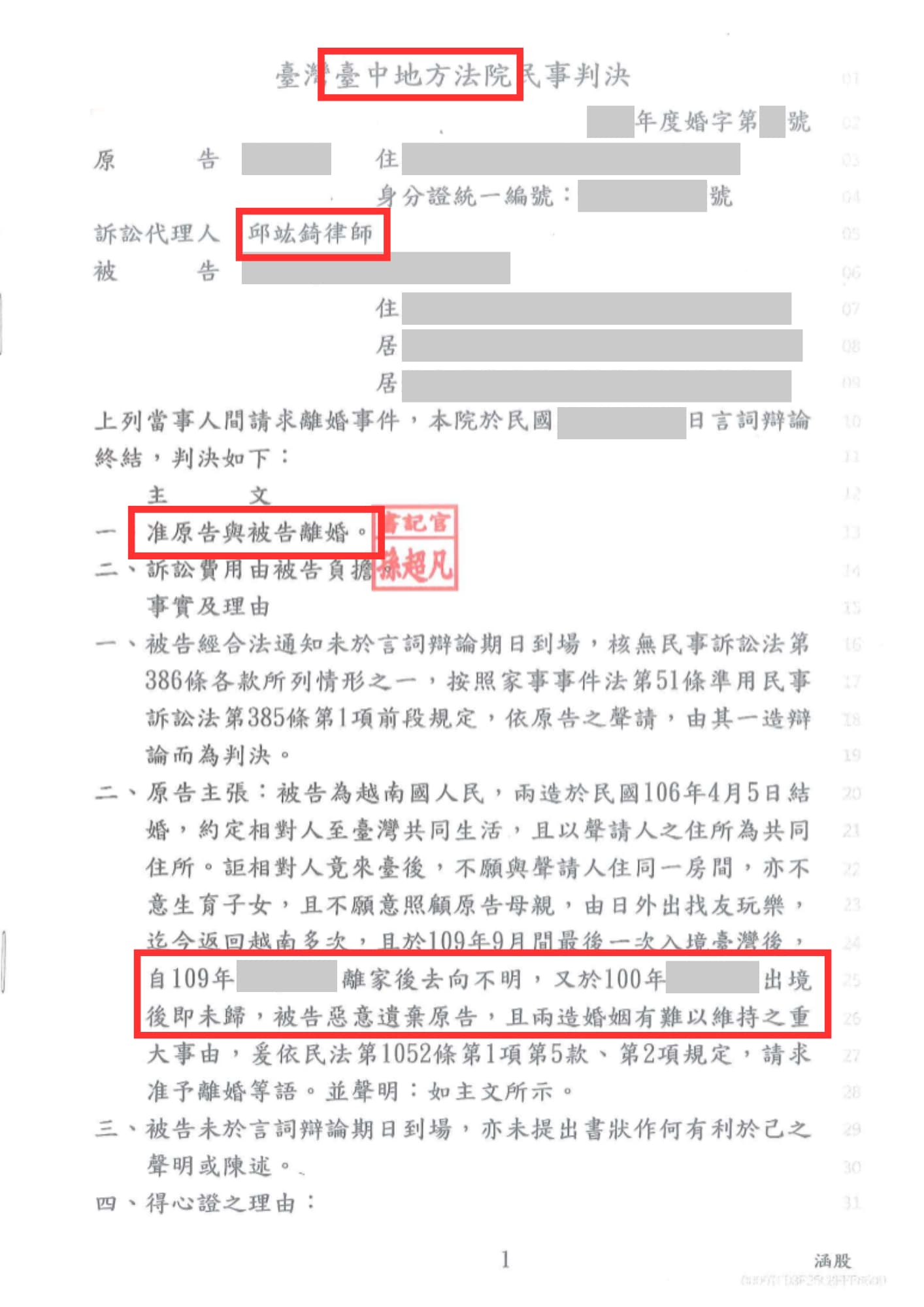 台中離婚律師勝訴案例